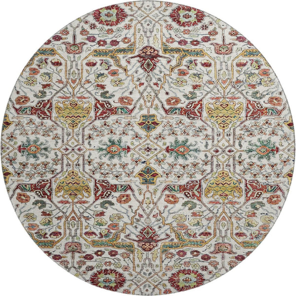 HomeRoots 8' Ivory Gold Red Teal Floral Washable Round Rug - Durable, UV-Protected, Perfect for Busy Homes! 685997