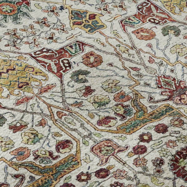 HomeRoots 8' Ivory Gold Red Teal Floral Washable Round Rug - Durable, UV-Protected, Perfect for Busy Homes! 685997