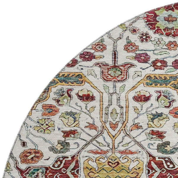 HomeRoots 8' Ivory Gold Red Teal Floral Washable Round Rug - Durable, UV-Protected, Perfect for Busy Homes! 685997