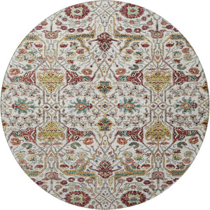 HomeRoots 8' Ivory Gold Red Teal Floral Washable Round Rug - Durable, UV-Protected, Perfect for Busy Homes! 685997
