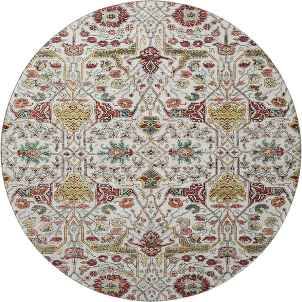HomeRoots 8' Ivory Gold Red Teal Floral Washable Round Rug - Durable, UV-Protected, Perfect for Busy Homes! 685997