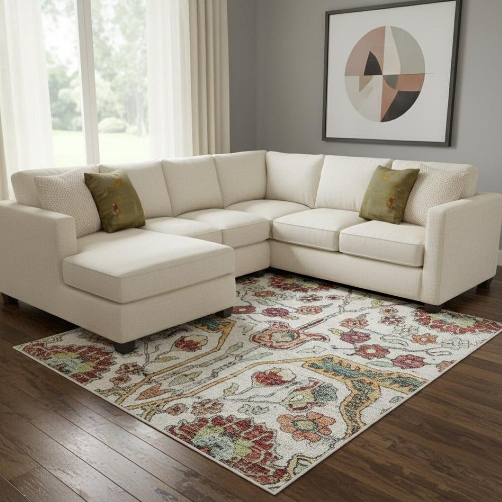 HomeRoots 8' X 10' Floral Area Rug in Ivory, Gold, Red & Teal – Washable, UV-Protected, Family-Friendly Design 685998