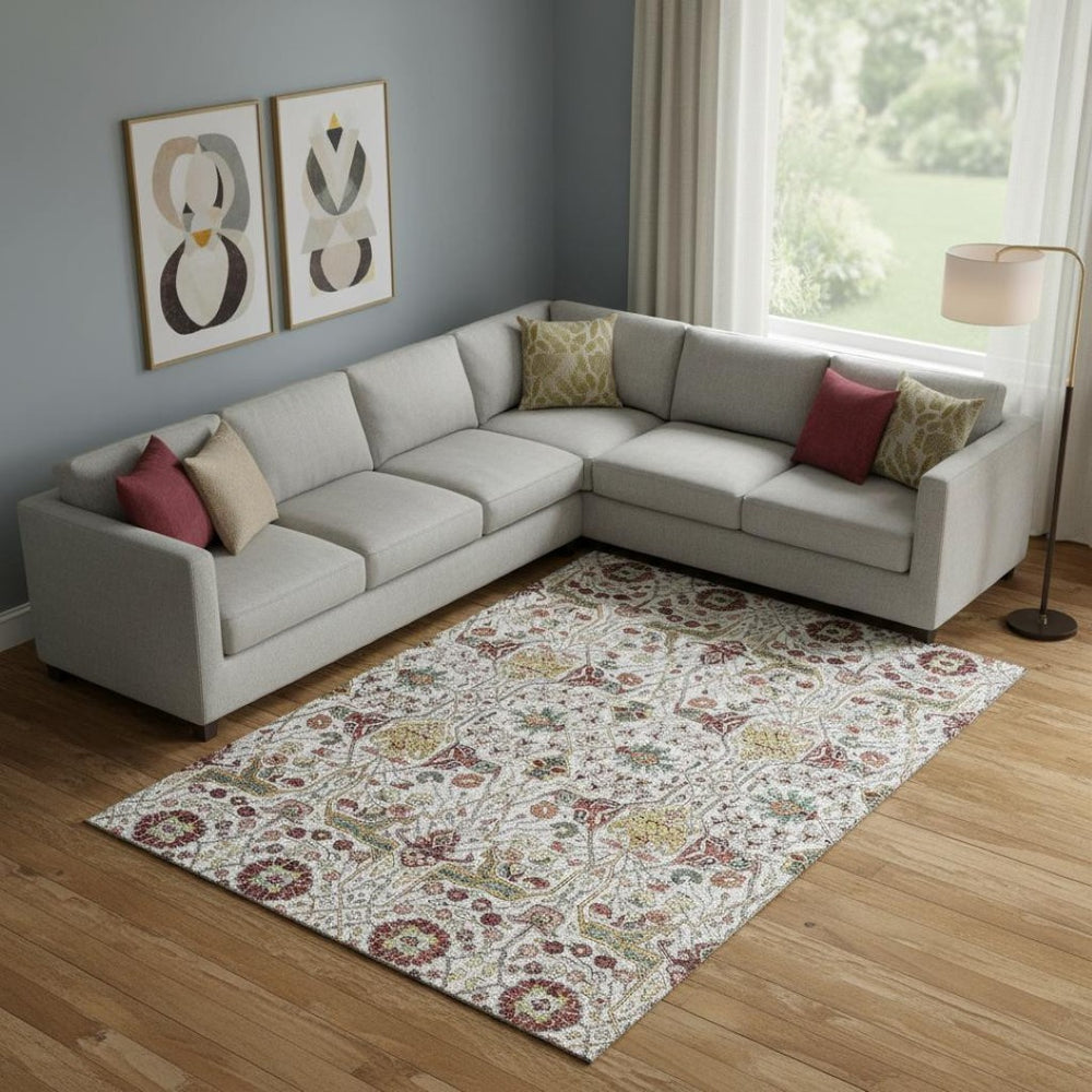 HomeRoots 9' X 12' Floral Area Rug in Ivory, Gold, Red & Teal - Stylish, Washable, UV-Protected & Durable 685999