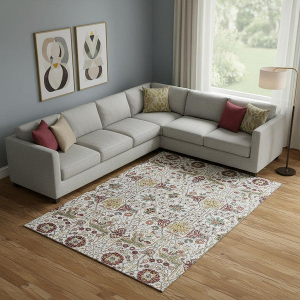 HomeRoots 9' X 12' Floral Area Rug in Ivory, Gold, Red & Teal - Stylish, Washable, UV-Protected & Durable 685999