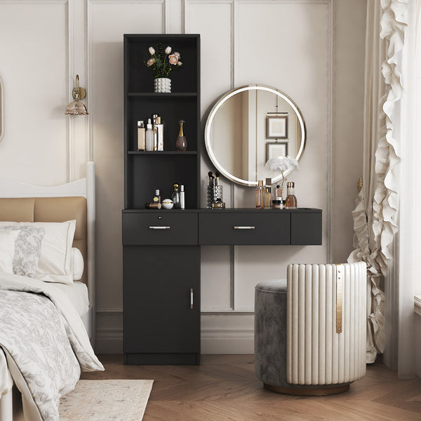 English Elm Black modern vanity desk with multi-layer storage, 2 drawers, cabinet & hairdryer slots for salon-organized spaces W33163005