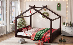 English Elm Queen House Frame Floor Bed Solid Pine Montessori Low Profile Kids Bedroom Espresso W1580P387850