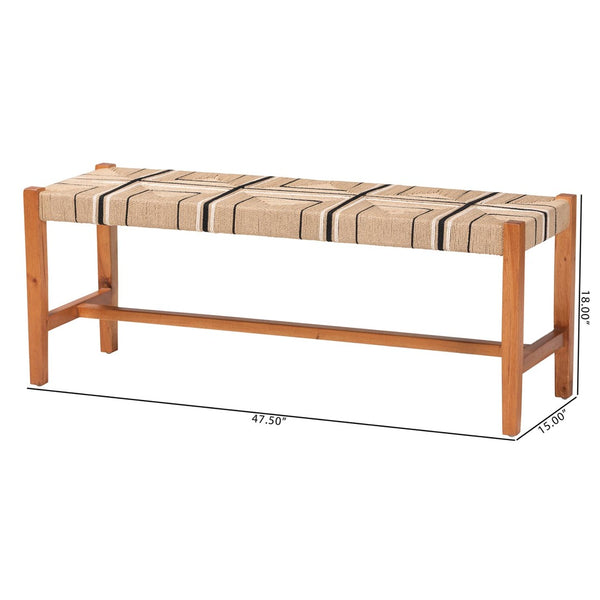 English Elm Bohemian Handcrafted Mahogany Dining Bench with Woven Geometric Paper Loom Seat B2750P467778