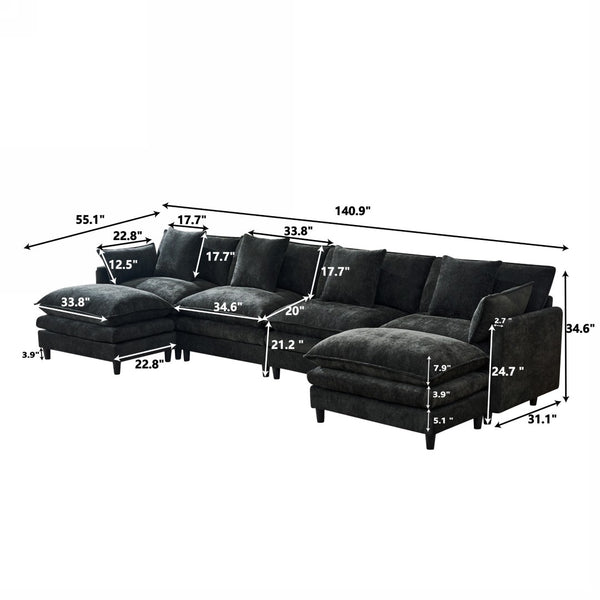 English Elm 140.9-inch U-shaped Modular Sectional Sofa with Ottomans Chenille Cloud Cushions Black W288S00030