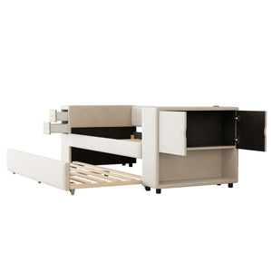 English Elm Twin Upholstered Bed with Trundle and Storage Drawers, USB Ports, French Velvet Luxurious Feel Beige SF000184AAA