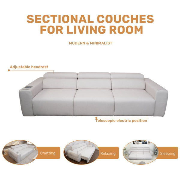 English Elm Power Reclining Sofa with Bluetooth Speakers Wireless Charging and Smart Home Theater Seating Light Grey W3795S00010