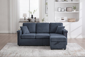 English Elm UNITED Corduroy L-Shaped Sectional Sofa with Storage Ottoman, USB Ports, Cup Holders & LED Lighting Navy W1568P332406