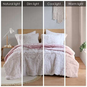 English Elm 2 Piece Shaggy Faux Fur Twin Comforter Set Hypoallergenic Cozy Textural Bedding Pink+White B035P319586