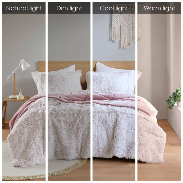 English Elm 2 Piece Shaggy Faux Fur Twin Comforter Set Hypoallergenic Cozy Textural Bedding Pink+White B035P319586