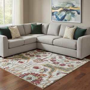 HomeRoots 10' Elegant Floral Area Rug in Ivory, Gold, Red & Teal - Washable, UV-Protected, Pet-Friendly Design 686000