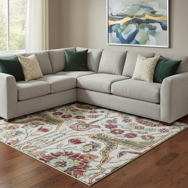 HomeRoots 10' Elegant Floral Area Rug in Ivory, Gold, Red & Teal - Washable, UV-Protected, Pet-Friendly Design 686000