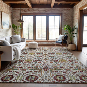 HomeRoots 10' Elegant Floral Area Rug in Ivory, Gold, Red & Teal - Washable, UV-Protected, Pet-Friendly Design 686000