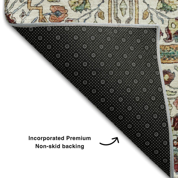 HomeRoots 10' Elegant Floral Area Rug in Ivory, Gold, Red & Teal - Washable, UV-Protected, Pet-Friendly Design 686000