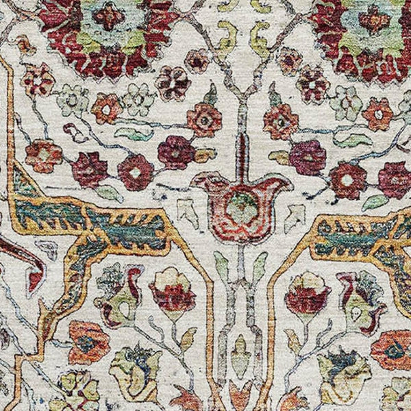 HomeRoots 10' Elegant Floral Area Rug in Ivory, Gold, Red & Teal - Washable, UV-Protected, Pet-Friendly Design 686000