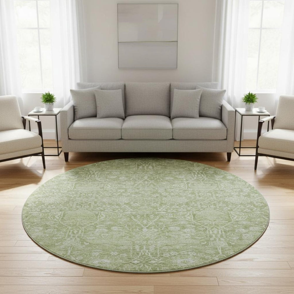 HomeRoots 8' Elegant Artichoke Green Floral Round Rug - Washable, UV-Protected, Durable for Busy Homes! 686003