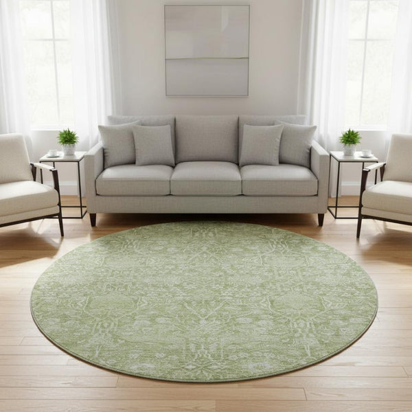 HomeRoots 8' Elegant Artichoke Green Floral Round Rug - Washable, UV-Protected, Durable for Busy Homes! 686003