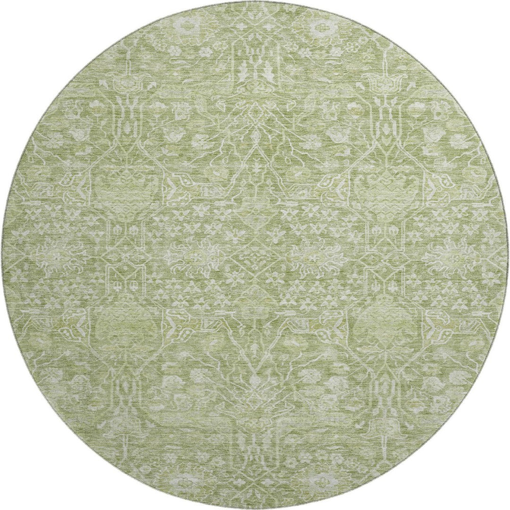HomeRoots 8' Elegant Artichoke Green Floral Round Rug - Washable, UV-Protected, Durable for Busy Homes! 686003
