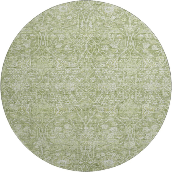 HomeRoots 8' Elegant Artichoke Green Floral Round Rug - Washable, UV-Protected, Durable for Busy Homes! 686003
