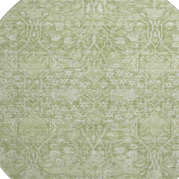 HomeRoots 8' Elegant Artichoke Green Floral Round Rug - Washable, UV-Protected, Durable for Busy Homes! 686003