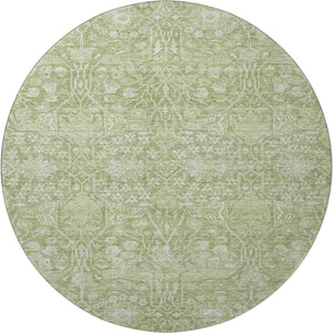 HomeRoots 8' Elegant Artichoke Green Floral Round Rug - Washable, UV-Protected, Durable for Busy Homes! 686003