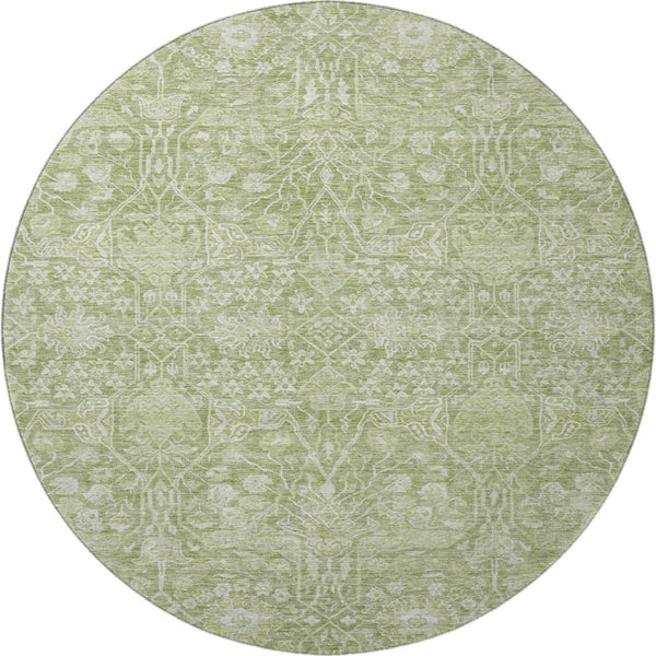 HomeRoots 8' Elegant Artichoke Green Floral Round Rug - Washable, UV-Protected, Durable for Busy Homes! 686003