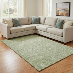 HomeRoots 8' X 10' Artichoke Green Beige Floral Area Rug - Washable, UV-Protected, Perfect for Family Homes 686004
