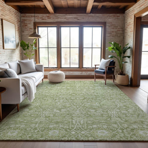 HomeRoots 8' X 10' Artichoke Green Beige Floral Area Rug - Washable, UV-Protected, Perfect for Family Homes 686004