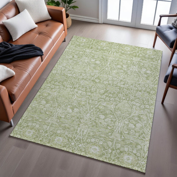 HomeRoots 9' X 12' Artichoke Green Floral Washable Area Rug - Durable, UV Protected, Perfect for Any Room 686005