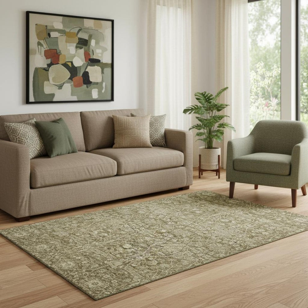 HomeRoots 5' Washable Brown & Beige Floral Area Rug - UV Protected, Stain Resistant, Perfect for Families! 686008