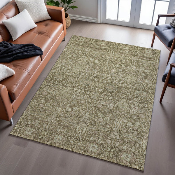 HomeRoots 5' Washable Brown & Beige Floral Area Rug - UV Protected, Stain Resistant, Perfect for Families! 686008