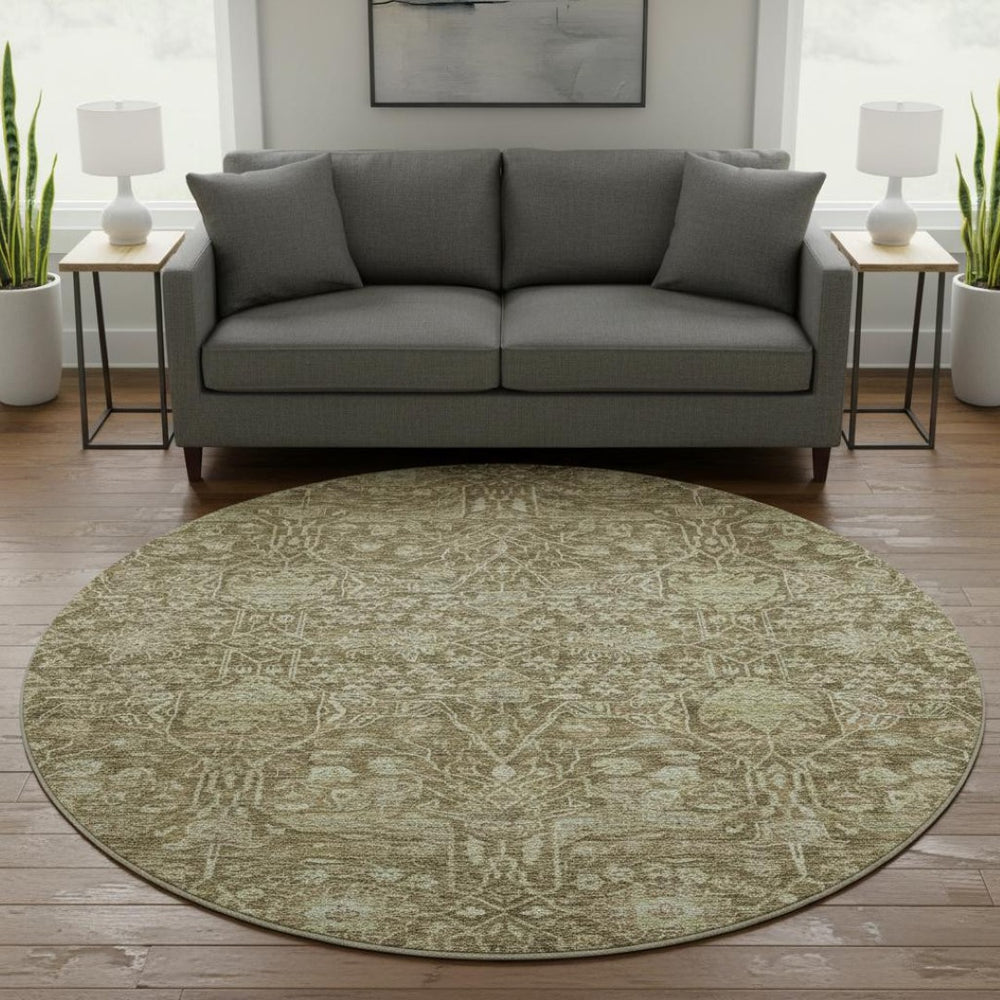 HomeRoots 8' Washable Round Rug in Brown & Beige Floral Design – UV Protection for Family-Friendly Spaces 686009