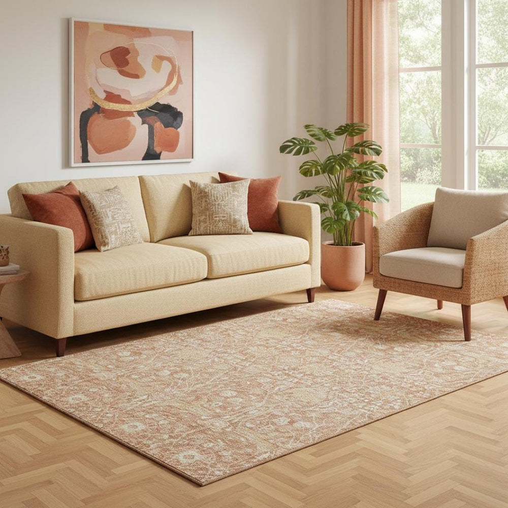 HomeRoots 5' X 8' Coral and Beige Floral Area Rug - Washable, UV Protected, Perfect for Homes with Kids & Pets! 686014