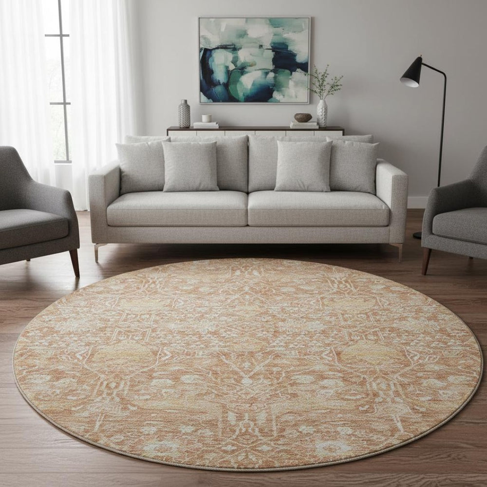 HomeRoots 8' Coral and Beige Floral Round Rug - Washable, UV Protected, Stain Resistant for High-Traffic Areas 686015