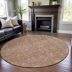 HomeRoots 8' Coral and Beige Floral Round Rug - Washable, UV Protected, Stain Resistant for High-Traffic Areas 686015