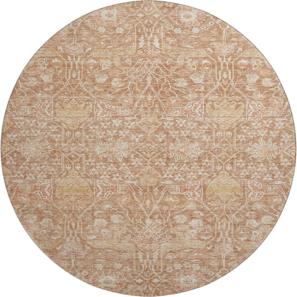 HomeRoots 8' Coral and Beige Floral Round Rug - Washable, UV Protected, Stain Resistant for High-Traffic Areas 686015