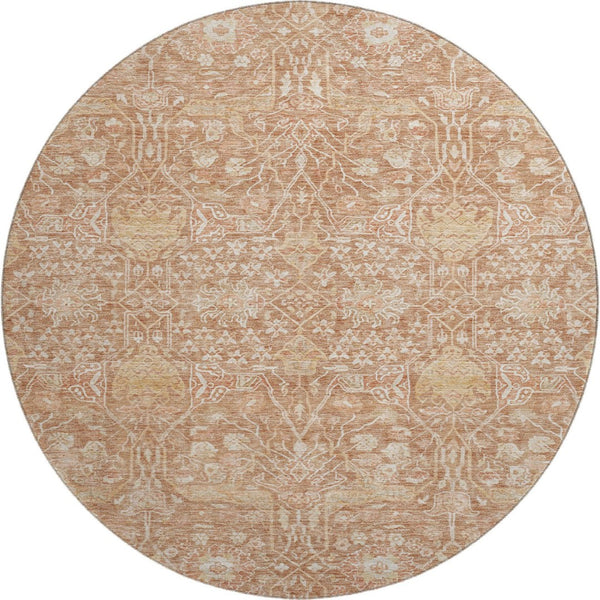 HomeRoots 8' Coral and Beige Floral Round Rug - Washable, UV Protected, Stain Resistant for High-Traffic Areas 686015