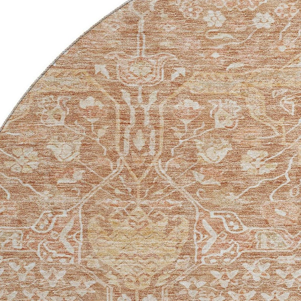 HomeRoots 8' Coral and Beige Floral Round Rug - Washable, UV Protected, Stain Resistant for High-Traffic Areas 686015