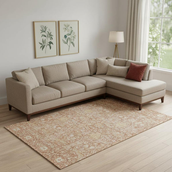 HomeRoots 9' X 12' Elegant Coral and Beige Floral Area Rug - Stain-Resistant, UV Protected for Family Homes 686017