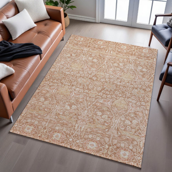 HomeRoots 9' X 12' Elegant Coral and Beige Floral Area Rug - Stain-Resistant, UV Protected for Family Homes 686017