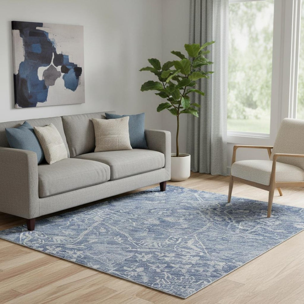 HomeRoots 5' X 8' Denim Blue & Beige Floral Area Rug - Soft, Durable, Washable with UV Protection for Homes 686020