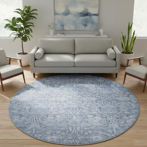 HomeRoots 8' Denim Blue & Beige Floral Round Rug - Washable, UV Protected, Durable for Homes with Kids & Pets 686021