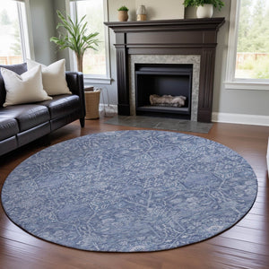 HomeRoots 8' Denim Blue & Beige Floral Round Rug - Washable, UV Protected, Durable for Homes with Kids & Pets 686021