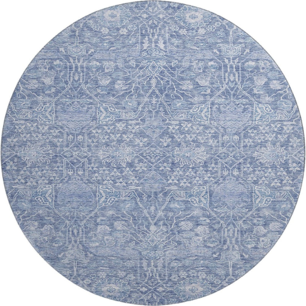 HomeRoots 8' Denim Blue & Beige Floral Round Rug - Washable, UV Protected, Durable for Homes with Kids & Pets 686021