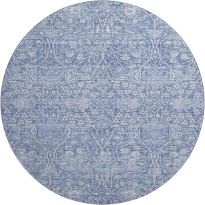 HomeRoots 8' Denim Blue & Beige Floral Round Rug - Washable, UV Protected, Durable for Homes with Kids & Pets 686021