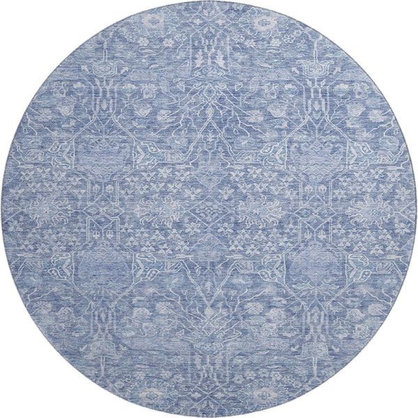 HomeRoots 8' Denim Blue & Beige Floral Round Rug - Washable, UV Protected, Durable for Homes with Kids & Pets 686021