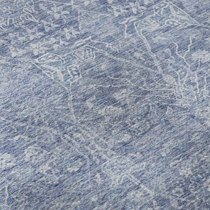HomeRoots 8' Denim Blue & Beige Floral Round Rug - Washable, UV Protected, Durable for Homes with Kids & Pets 686021